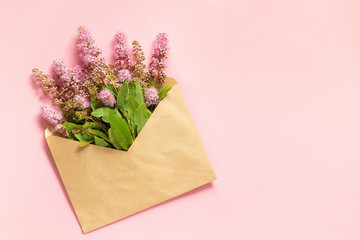 Field pink flowers in craft envelope on pink background Greeting card Flat Lay Copy space Concept Hello spring
