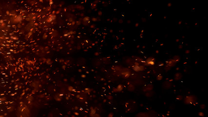Burning red hot sparks fly from large fire in the night sky. Beautiful abstract background on the theme of fire, light and life. Burning embers glowing flying away particles over black background. - obrazy, fototapety, plakaty