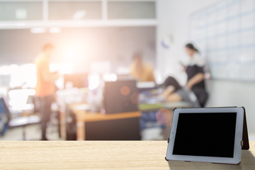 Businessmen blur in the workplace or work space of laptop on table in office room with computer or shallow depth of focus of abstract background. - Image