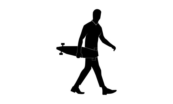 vector image of a man walking while holding a skateboard.