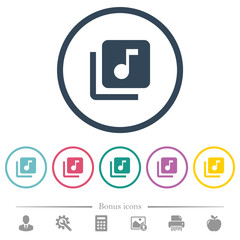 Music library flat color icons in round outlines