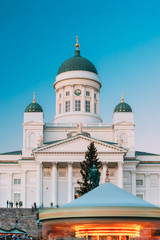 Fototapeta na wymiar Helsinki, Finland. Xmas Market On Senate Square With Holiday Car