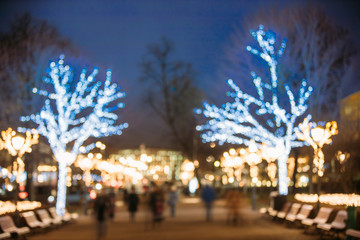 Helsinki, Finland. Bokeh Background Of Esplanadi Park In Lightin