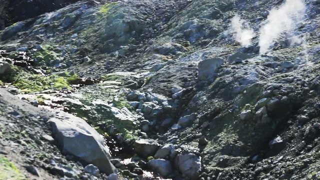 Volcanic activity, sulfur fumarole and hot gas on the slope of Ebeko volcano, Northern Kuriles, Paramushir Island