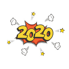 2020 New Year comic book style postcard or greeting card element. Vector 2020 New Year retro design.