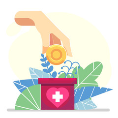 hand depositing coin in a carton box banner donate - flat floral Vector charity help concept
