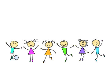 Fototapeta premium Happy kids playing and jumping. Vector illustration. Simple sketch