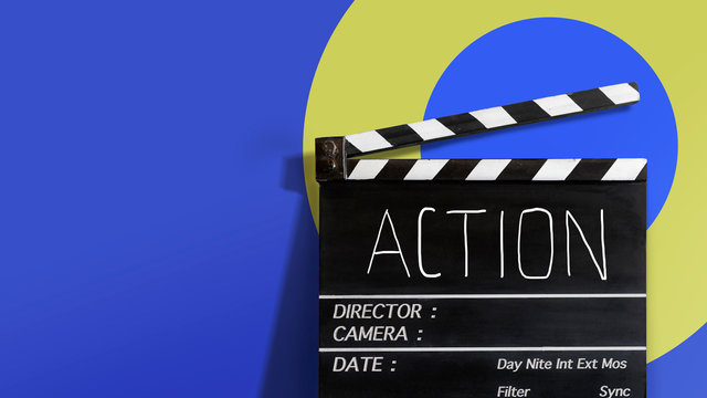 Action, text title on film slate 