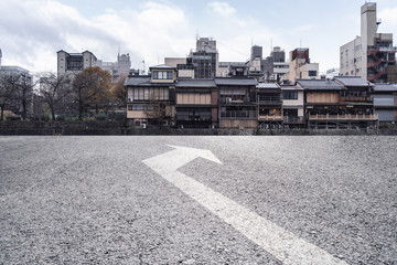 Empty road and Japanese architecture in Kansai
