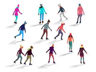 Crowd of people skating on ice rink outdoor activities. Group of male and female flat cartoon characters isolated on white background. Hand drawn style vector design illustrations