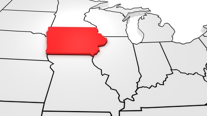 Iowa state highlighted in red on 3D map of the United States