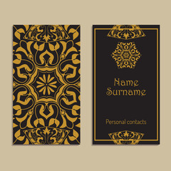 Vector business card template. Moroccan, Arabic, asian ornaments in golden color