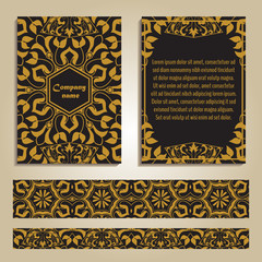 Vector set of colorful brochure templates and borders for business and invitation. Moroccan; Arabic; asian ornaments in golden color
