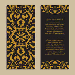 Vector set of colorful vertical banners for business and invitation. Spanish, Moroccan; Arabic; asian mosaic ornaments in golden color