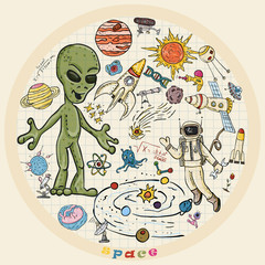 childrens colored drawings_3_on the space theme, science and the emergence of life on earth, in the style of Doodle