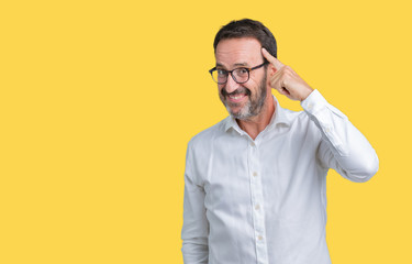 Handsome middle age elegant senior business man wearing glasses over isolated background Smiling pointing to head with one finger, great idea or thought, good memory