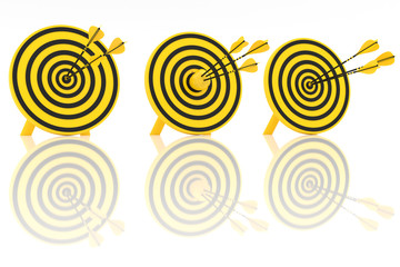 three yellow arrows in the center of three yellow targets and a yellow apple, 3d illustration