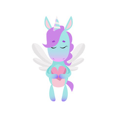Cute unicorn with closed eyes holding heart. Valentine Day concept. Vector illustration can be used for topics like holiday, romance, love