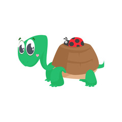 Cute turtle carrying ladybug on shell. Cartoon character, animal, friends. Can be used for topics like friendship, help, support