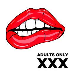 Adults Only XXX. Sweet sexy pop art Pair of Glossy Vector Lips. Open Sexy wet red lips with teeth pop art illustration on white background
