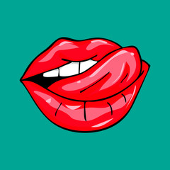 Sweet sexy pop art Pair of Glossy Vector Lips. Open Sexy wet red lips with teeth pop art , vector illustration 