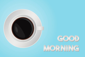 Lettering Good morning. Flat Design Cup of coffee, Vector isolated illustration on blue gradient background