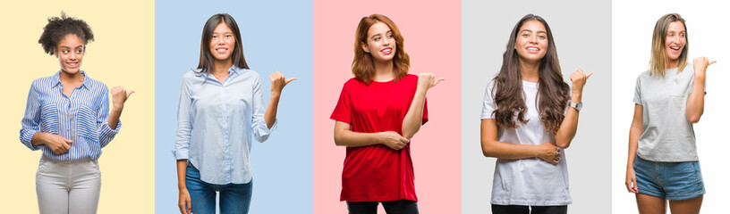 Collage of hispanic, african american, asian, indian women over vintage color background smiling with happy face looking and pointing to the side with thumb up.