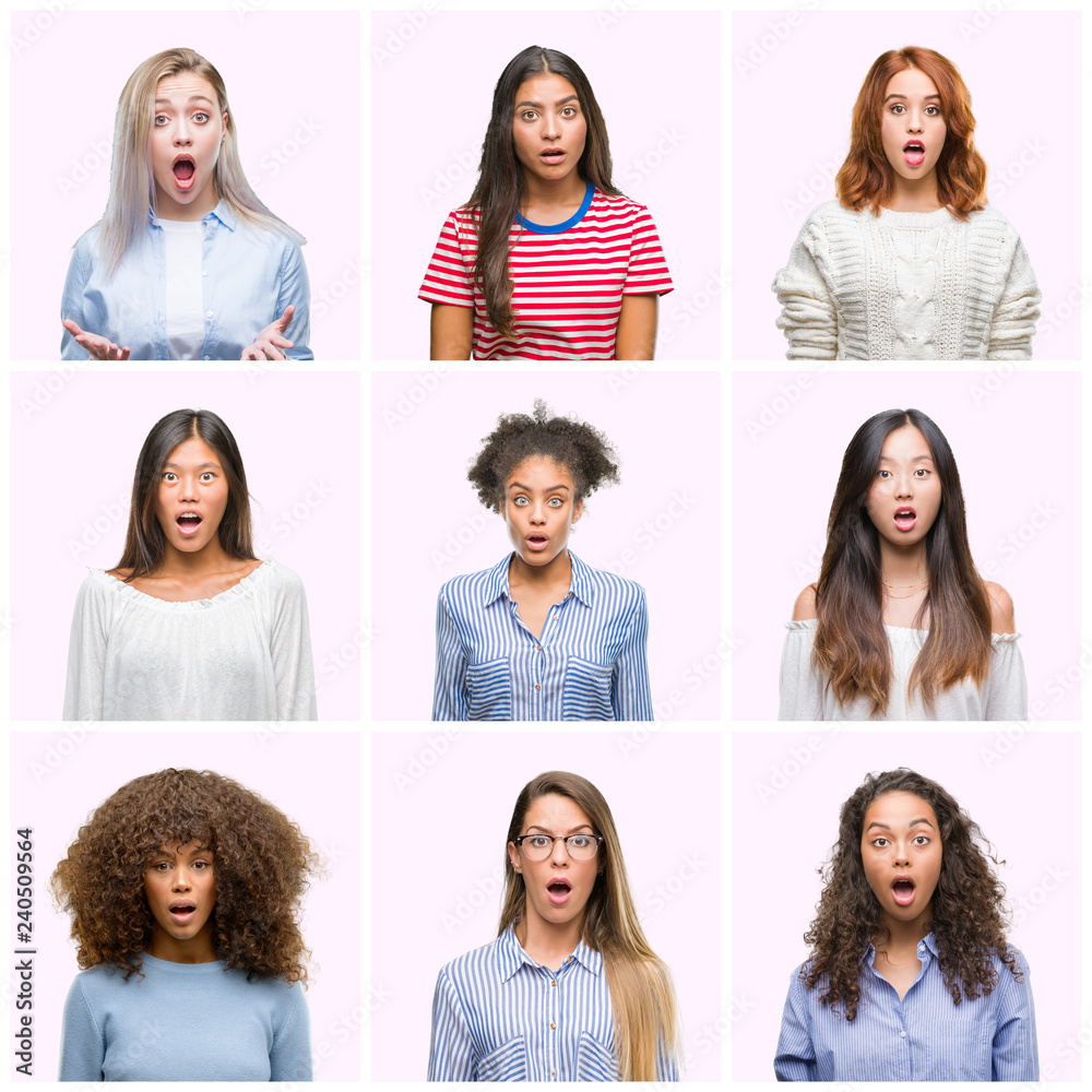 Poster collage of young women over pink isolated background afraid and shocked with surprise expression, fe