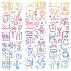 Vector set of bussines icons in doodle style. colorful gradient on a piece of paper in line.