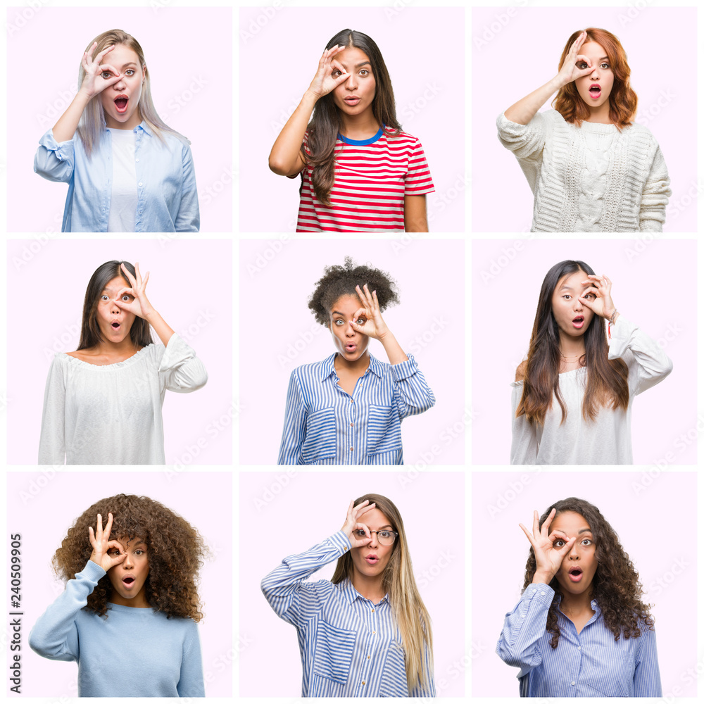 Canvas Prints Collage of young women over pink isolated background doing ok gesture shocked with surprised face, eye looking through fingers. Unbelieving expression.