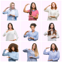 Collage of young women over pink isolated background gesturing with hands showing big and large size sign, measure symbol. Smiling looking at the camera. Measuring concept.