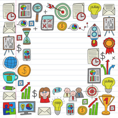Vector set of bussines icons in doodle style. colorful on a piece of paper in line.