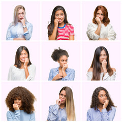 Collage of young women over pink isolated background looking stressed and nervous with hands on mouth biting nails. Anxiety problem.