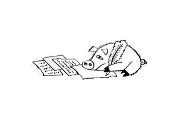Piglet writing a letter with a quill pen.