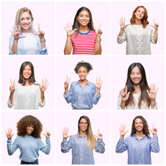 Collage of young women over pink isolated background showing and pointing up with fingers number seven while smiling confident and happy.