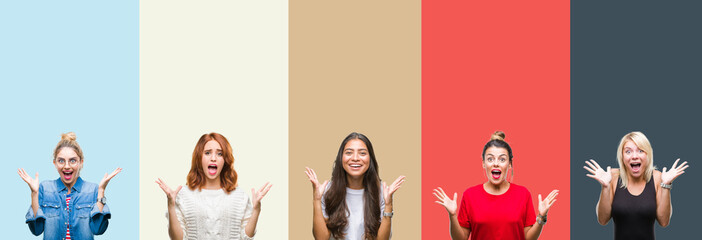 Obraz premium Collage of group of beautiful casual woman over vintage autumn colors isolated background celebrating crazy and amazed for success with arms raised and open eyes screaming excited. Winner concept