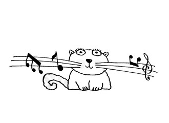 Cat with a mustache like musical notes. Music staff.