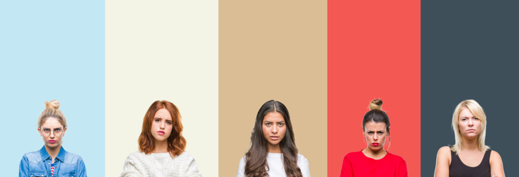 Collage of group of beautiful casual woman over vintage autumn colors isolated background skeptic and nervous, disapproving expression on face with crossed arms. Negative person.