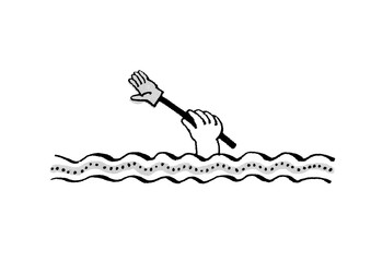 A drowning person is waving a glove on a stick.