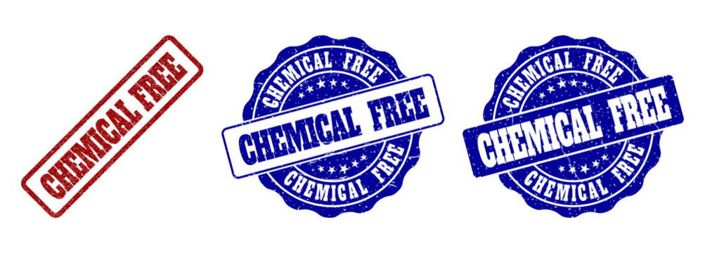 CHEMICAL FREE grunge stamp seals in red and blue colors. Vector CHEMICAL FREE imprints with distress style. Graphic elements are rounded rectangles, rosettes, circles and text labels.