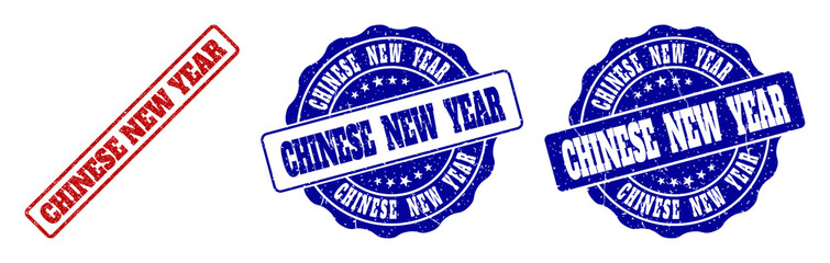 CHINESE NEW YEAR grunge stamp seals in red and blue colors. Vector CHINESE NEW YEAR signs with grunge effect. Graphic elements are rounded rectangles, rosettes, circles and text labels.