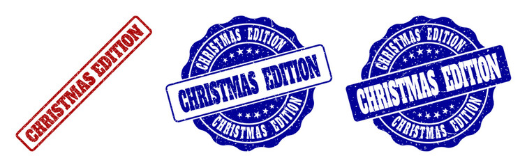 CHRISTMAS EDITION grunge stamp seals in red and blue colors. Vector CHRISTMAS EDITION signs with grunge effect. Graphic elements are rounded rectangles, rosettes, circles and text captions.