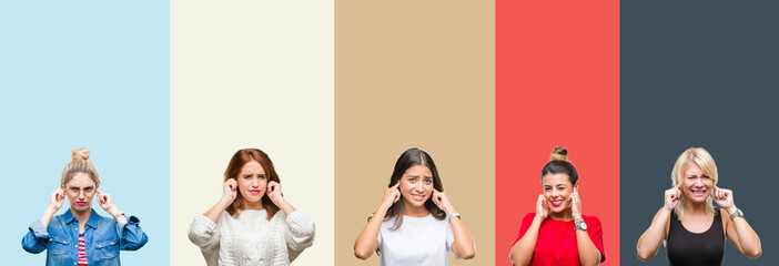 Collage of group of beautiful casual woman over vintage autumn colors isolated background covering ears with fingers with annoyed expression for the noise of loud music. Deaf concept.