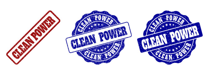CLEAN POWER grunge stamp seals in red and blue colors. Vector CLEAN POWER marks with grainy effect. Graphic elements are rounded rectangles, rosettes, circles and text titles.