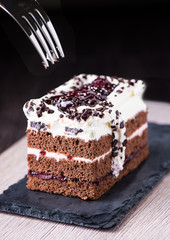 Chocolate sponge cake with blueberries and jam.