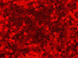 Scarlet shiny background with hearts. Luxury Valentine day,  in Love concept. Red bloody hearts