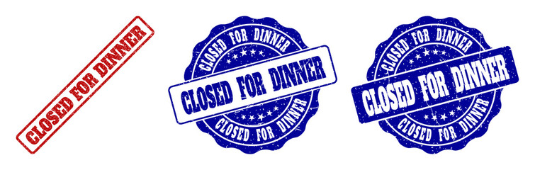 Fototapeta premium CLOSED FOR DINNER grunge stamp seals in red and blue colors. Vector CLOSED FOR DINNER overlays with grunge style. Graphic elements are rounded rectangles, rosettes, circles and text titles.