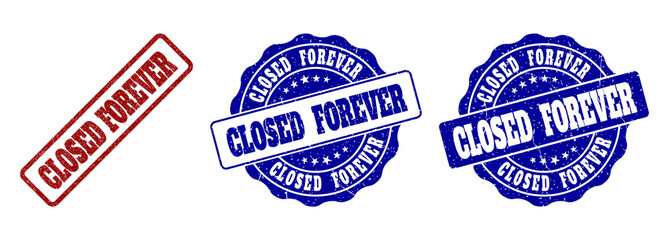Obraz premium CLOSED FOREVER grunge stamp seals in red and blue colors. Vector CLOSED FOREVER marks with grunge style. Graphic elements are rounded rectangles, rosettes, circles and text titles.