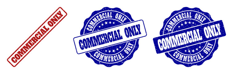 COMMERCIAL ONLY grunge stamp seals in red and blue colors. Vector COMMERCIAL ONLY marks with grainy texture. Graphic elements are rounded rectangles, rosettes, circles and text labels.