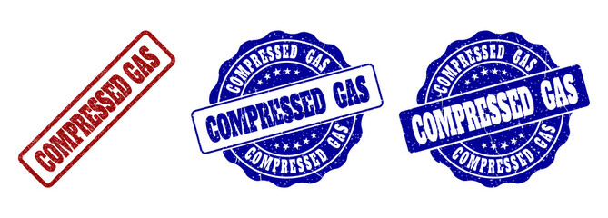 COMPRESSED GAS scratched stamp seals in red and blue colors. Vector COMPRESSED GAS labels with grunge texture. Graphic elements are rounded rectangles, rosettes, circles and text labels.